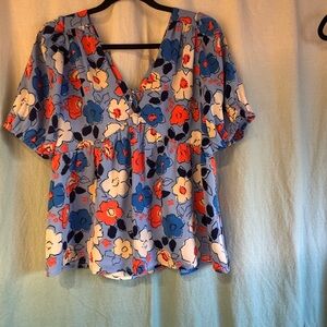 Joy Joy Blue Floral V-Neck Blouse